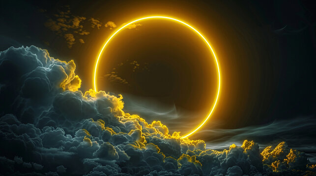 Mustard yellow neon ring highlights a swirling cloud in a dark sky, 3D landscape format,