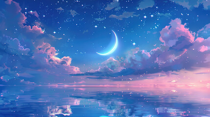 Fairy tale world, ocean, starry sky, moon, dream illustrations