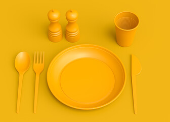 Set of disposable utensils like plate, folk, spoon,knife, cup and pepper mill