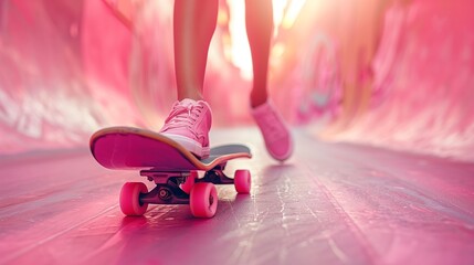 A girl in pink shoes is skateboarding on the road with a pink summer background.