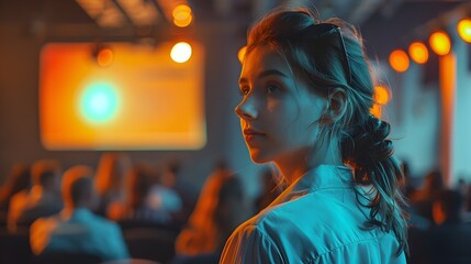 Young Female Entrepreneur Demonstrating Innovative Marketing Automation Tool at Tech Startup Pitch Event