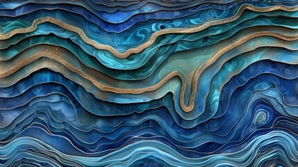 Obraz premium A tight shot of an abstract artwork featuring undulating lines in shades of blue, green, and gold The lower portion of the painting displays a wavy pattern, repeated in the upper half