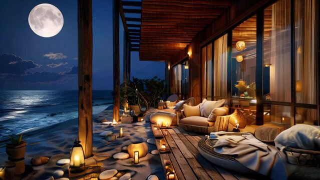 A beach house with candles and lanterns under moonlight, romantic atmosphere