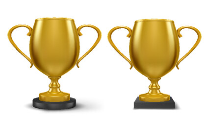Gold cup or trophy. 3d metal goblet for sport competition, award for soccer or race. Contest and ceremony, celebration and achievement.