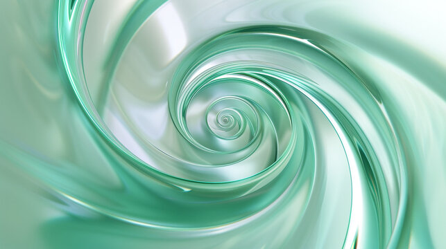 A serene glass spiral transitions from mint to turquoise, embodying tranquility and calm, perfect for spa-like environments or therapeutic app interfaces,