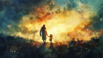 Jesus walking with his little girl, a light from heaven surrounding them, ethereal clouds and lights in the background, a beautiful watercolor painting 