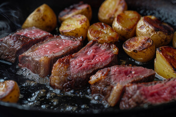 A photo of medium rare steak and potatoes, a delicious steak with red meat color on the inside in a hot pan, against a dark background, in the style of food photography, shown in close up, with high r