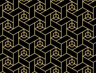 The geometric pattern with lines. Seamless vector background. Golden and black texture. Graphic modern pattern. Simple lattice graphic design.