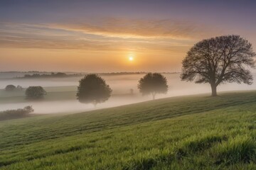 Fototapeta premium Foggy sunrise over tranquil countryside landscape