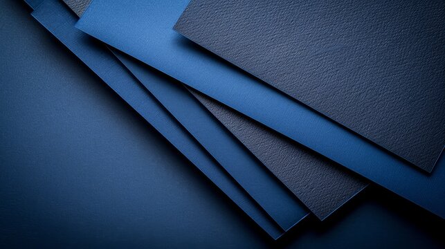  A stack of blue folders on a blue tablecloth, covered in dark blue paper The middle folder's corner is black