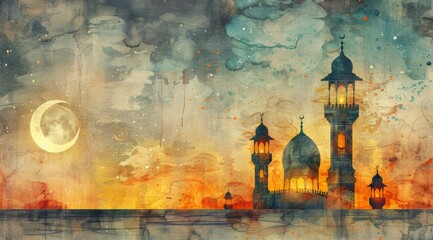 Lanterns stand in the desert at night sky, lantern Islamic Mosque, crescent moon Ramadan Kareem...