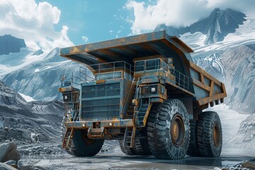 Large mining truck on the open pit mine, blue sky, sunny day, photo realistic