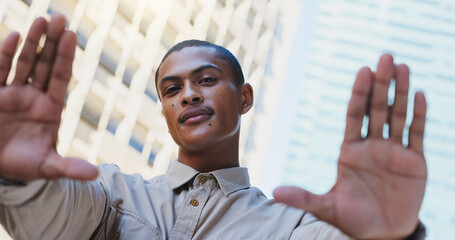 Portrait, frame hands and man in city, selfie and fashion with confidence, gen z and trendy...