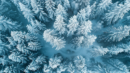 Abstract blue winter forest aerial view, snow-covered trees, top-down view, drone photography, cold and serene atmosphere, snowy landscape, high resolution.