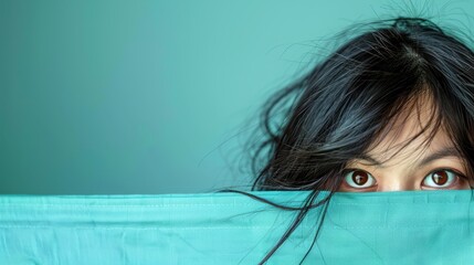  A tight shot of a person concealing their face with a blue fabric, positioned before a blue backdrop Nearby, a green wall emerges in the foreground