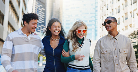 Friends, group and fashion in city with laugh in outdoor with travel for journey in urban town. Diversity, happy and gen z with students or people on holiday in New York for adventure in street.