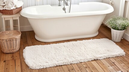 white bath mat on the floor of a modern bathroom. Close-up mockup