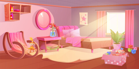 Pink girl bedroom interior. Cute kid furniture cartoon background. Girly playroom with toy box and tidy area. Light ray from morning window on bed indoor flat scene. Nice scenery for child recreation