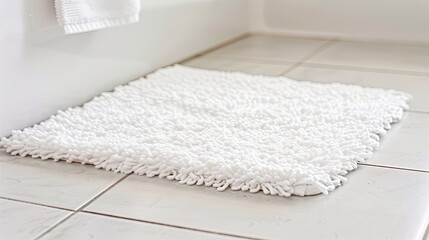 white bath mat on the floor of a modern bathroom. Close-up mockup