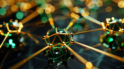 Luxurious and dynamic tech design with bright gold wireframe and deep green plexus connections,