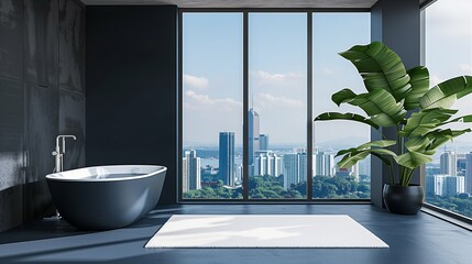 white bath mat on the floor of a modern bathroom. Close-up mockup