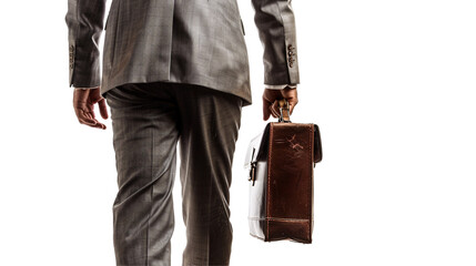 A business man in a suit holding a briefcase, cut out and isolated on a white background