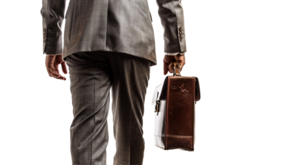 A business man in a suit holding a briefcase, cut out and isolated on a white background