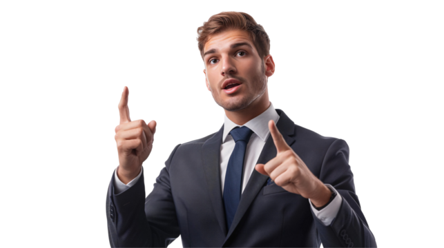 A business man giving a presentation with a pointer, cut out and isolated on a white background