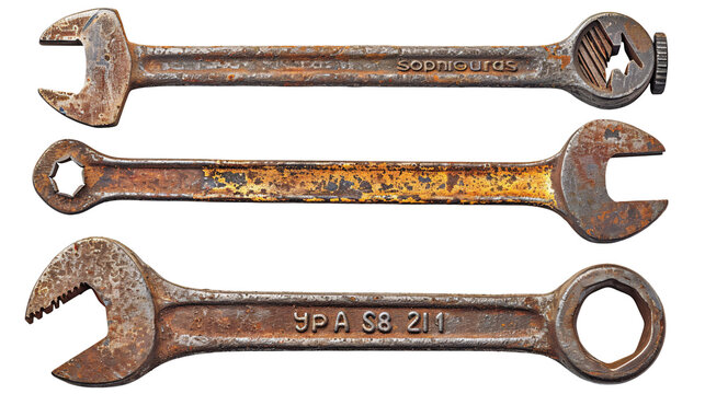A set of old rusty tools including a wrench, hammer, and pliers, cut out and isolated on a white background