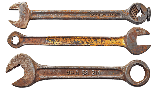 A set of old rusty tools including a wrench, hammer, and pliers, cut out and isolated on a white background