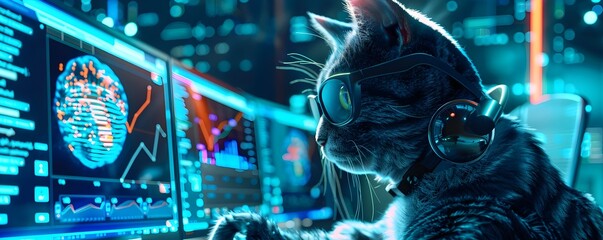 Humanoid Cat Analyzes Futuristic Data on Advanced Computer in High Tech Research Lab