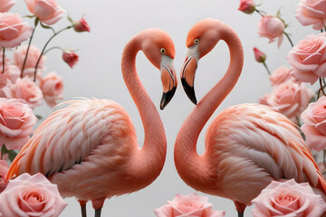 Naklejka premium Two flamingos facing each other forming a heart shape surrounded by roses.