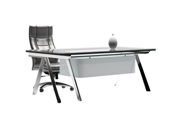 Fototapeta premium Modern glass office desk and ergonomic chair, minimalist workspace furniture in black and silver, home office setup isolated on Transparent Background