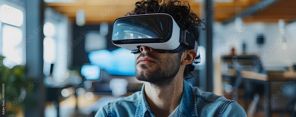 Poster web developer using virtual reality headset to design 3d website innovative tech workspace