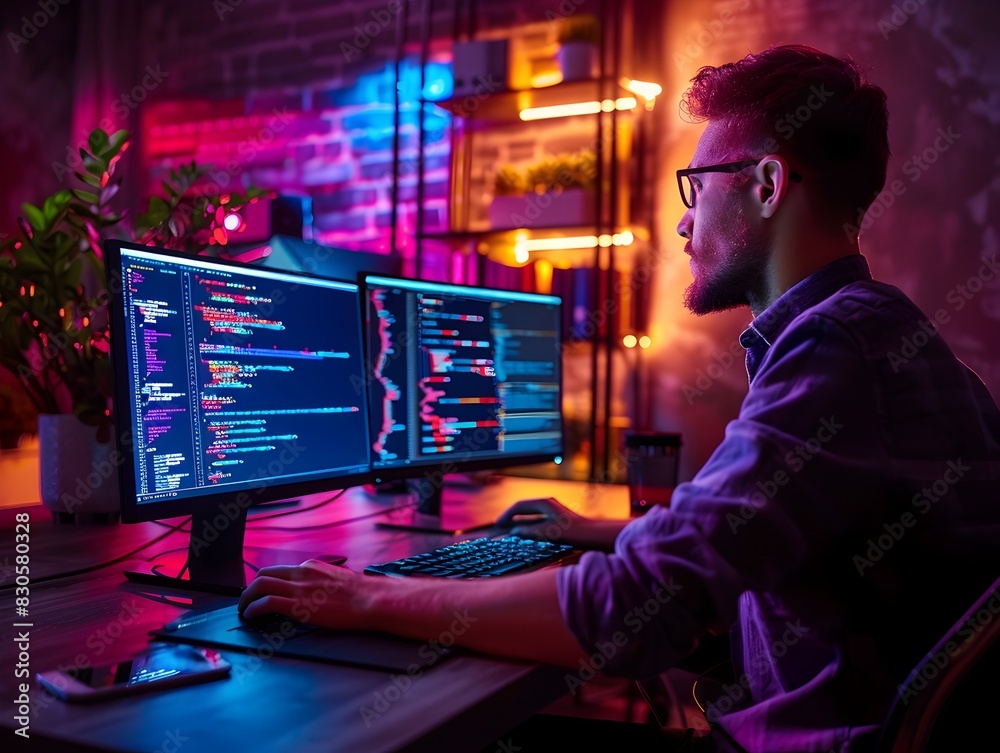 Poster dedicated web developer debugs lines of complex code in a dark themed digital workspace to enhance s