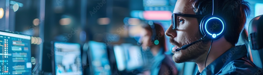 Poster customer service center with operators wearing headsets and multiple computer screens office workspa