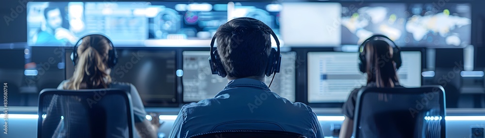 Poster customer service center with operators wearing headsets and multiple computer screens in office work