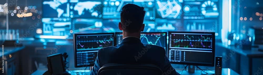 Poster ethical hacking workspace monitoring cybersecurity threats and network activities in a futuristic hi