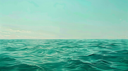 A peaceful seascape drenched in hues of emerald and jade, the water's surface rippling gently...