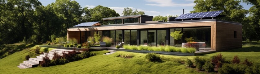 Obraz premium Sustainable Living: Contemporary Eco-Friendly Home with Solar Panels and Green Roof