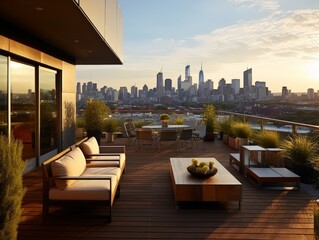 Modern Urban Townhouse Oasis: Rooftop Terrace with Stunning City Skyline Views