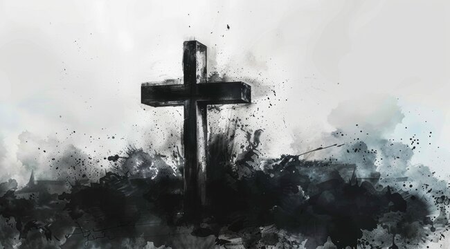 Minimalistic Black Cross on White Background. A minimalistic design featuring a textured black cross on a white background, ideal for contemporary religious themes and banners.