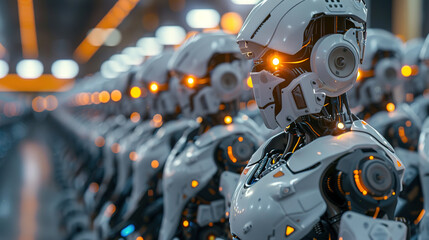 Robots lined up in futuristic science fiction scenes