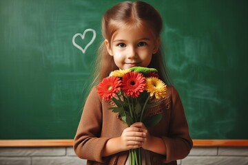 young girl is holding a bouquet of flowers in front of a chalkboard with a hea