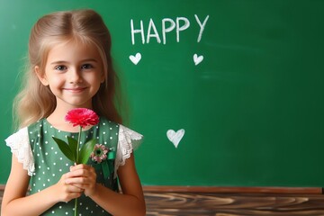 young girl holding a flower in front of a green chalkboard with the word happy