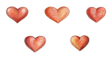 Isolated collection of red and pink hearts in various shapes, a popular symbol of love and romance 