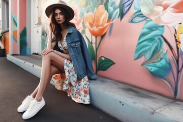 A woman in floral dress and hat is sitting on a bench in front of a mural