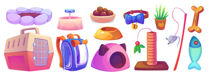 Petshop goods collection. Cartoon vector illustration set of food, accessories and and toys for domestic dogs and cats - carrying bags and collar, pet home and bed, bowl for feeding and water.
