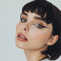 Fototapeta premium Model with a bang and makeup with liner against white background