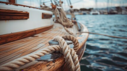 Obraz premium A tight shot of a boat's mooring rope, nestled by the vessel in the water Surrounding scenery includes distant boats and an expansive body of water Cloud